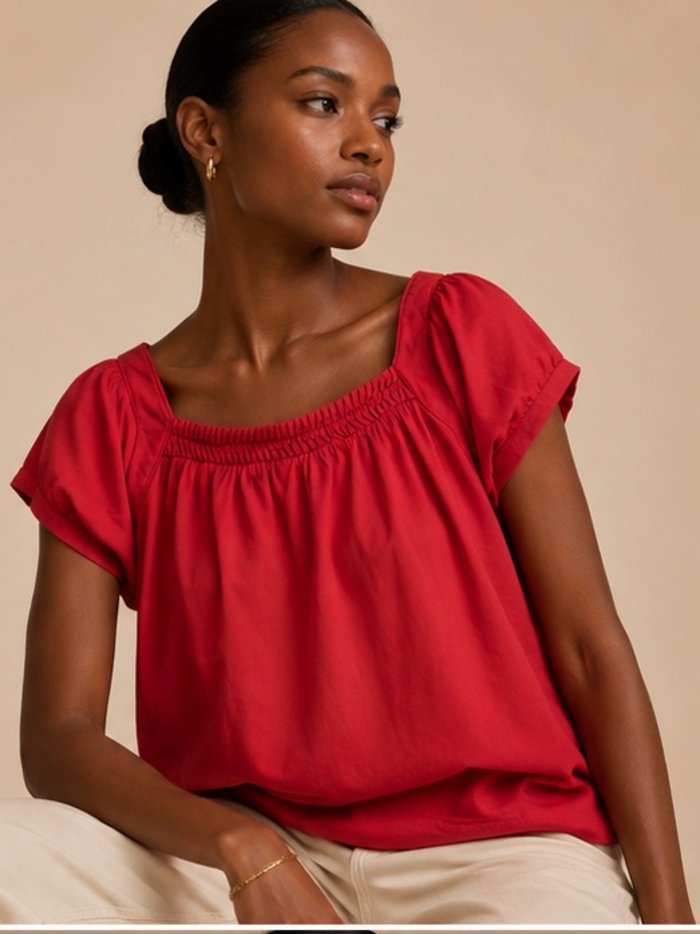 ANA Red Smocked Neck Short Sleeve Blouse Women's XXL